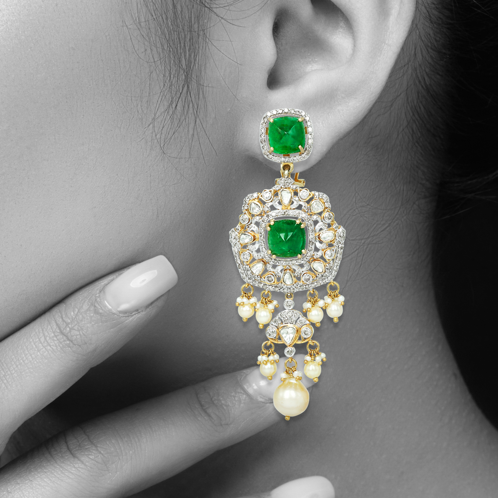 Emerald and Polki Earrings with Pearls